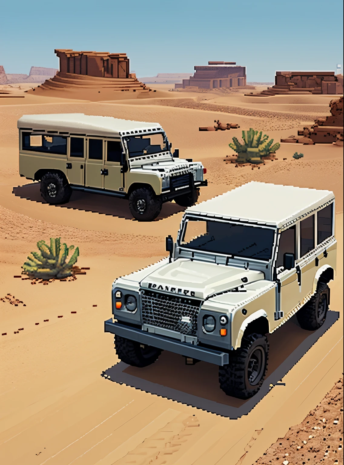 vintage white land rover driving through the desert, in desert (((pixel art))) in the style of pixel art
