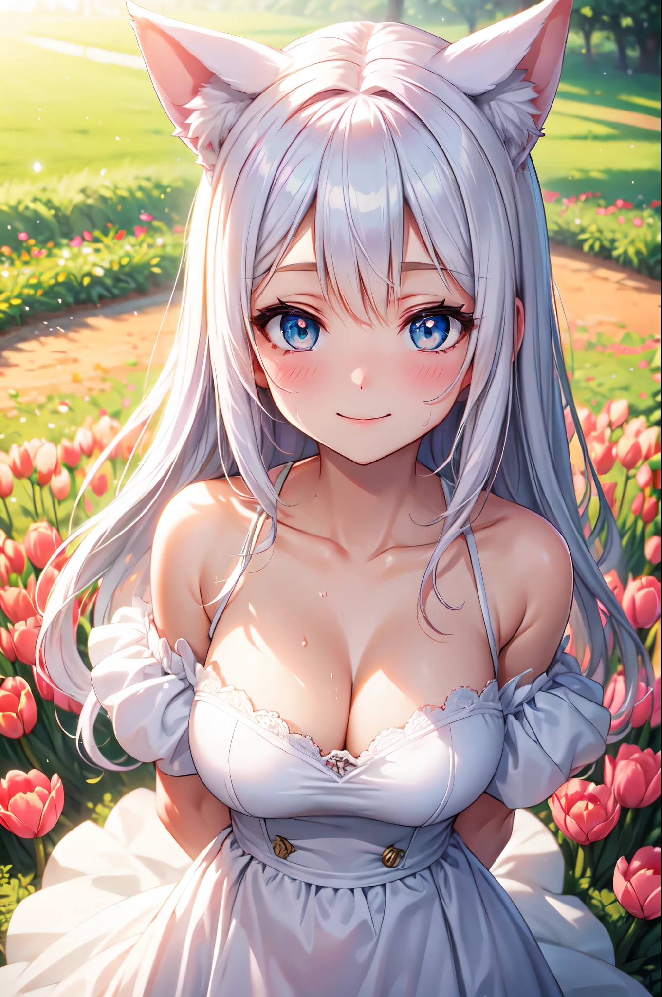 (High quality, High resolution, Fine details), cat ears, soft fur ears, BREAK (Tulip Flower Field), sunlight filtering through the trees, BREAK White dress, solo, curvy women, sparkling eyes, (Detailed eyes:1.2), smile, blush, Sweat, Oily skin, Soft tones, pastel tones, soft lighting, shallow depth of field