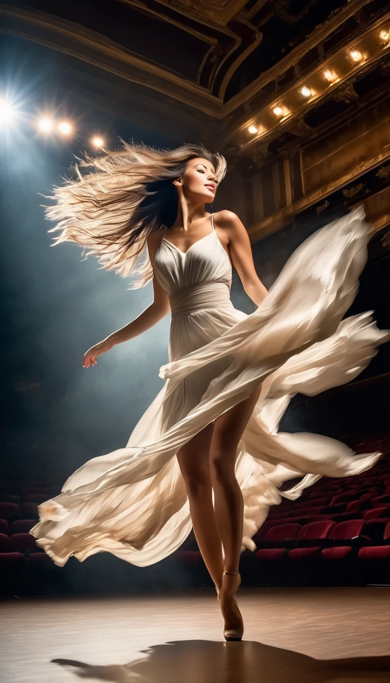 Motion blur portrait, full body portrait, low speed photography of a beautiful woman dancing on a theater stage, flying business long hair, she struggles to break free of her undergarments with only a piece of cloth adorning her natural state, photographed in an understated, realistic, hyper-realistic style,Looking up，Bottom-up，