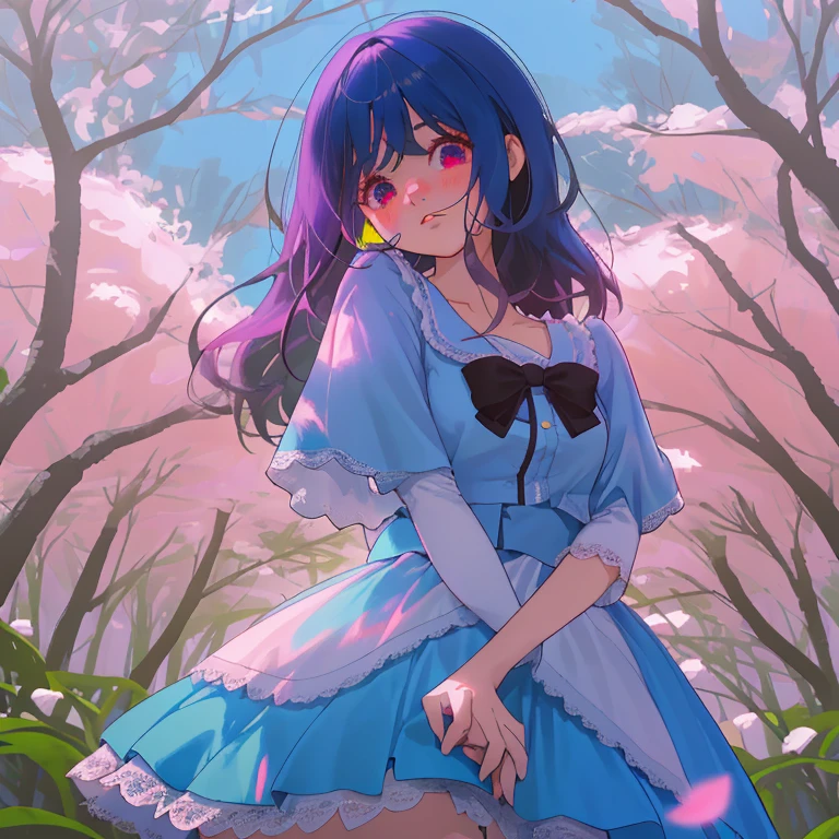 Chica joven con cabello largo, azul cielo, ojos verdes, blusa azul con mangas rosa y morado con una falda de mezclilla, con calcetas rosas y morados, en el bosque, sentada con mirada triste