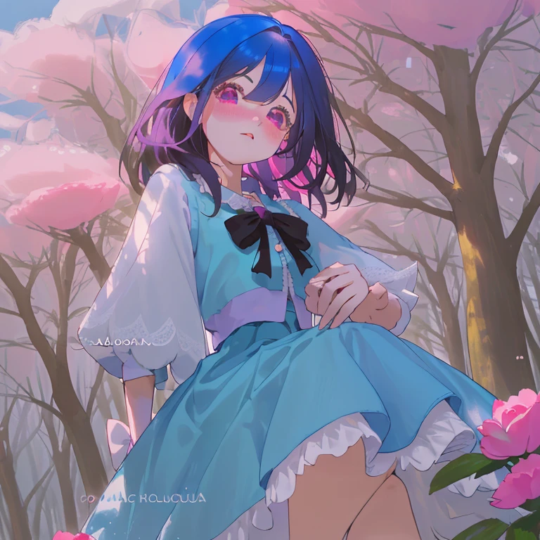 Chica joven con cabello largo, azul cielo, ojos verdes, blusa azul con mangas rosa y morado con una falda de mezclilla, con calcetas rosas y morados, en el bosque, sentada con mirada triste
