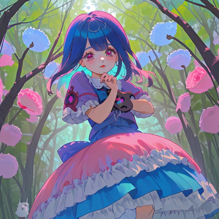 Chica joven con cabello largo, azul cielo, ojos verdes, blusa azul con mangas rosa y morado con una falda de mezclilla, con calcetas rosas y morados, en el bosque, sentada con mirada triste