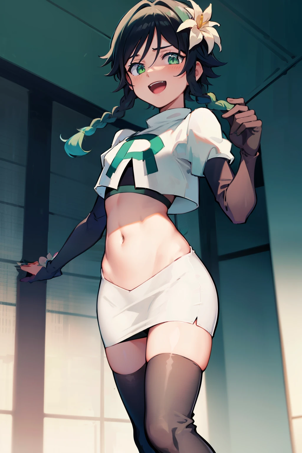 absurdres,venti,1boy, male focus, trap,black hair, green-blue hair, hair braid,hair flower,aqua green eyes,crossdressing,1boy,team rocket,team rocket uniform,white skirt,red letter R,crop top,black thigh-highs,black elbow gloves, laughing,happy, blush