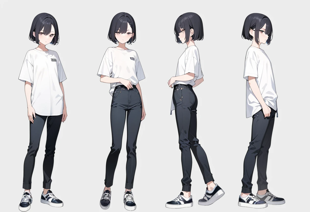 (masterpiece, highest quality, highest quality, official art, Cosmetology and aesthetics: 1.2), boy, feminine , pants, shirt, sneakers, flat chest, short hair, black hair,hair behind ear,hair between eyes,straight hair, sidelocks, delicate,whole body,standing boy,three view drawing, front and back and side,full body,simple background