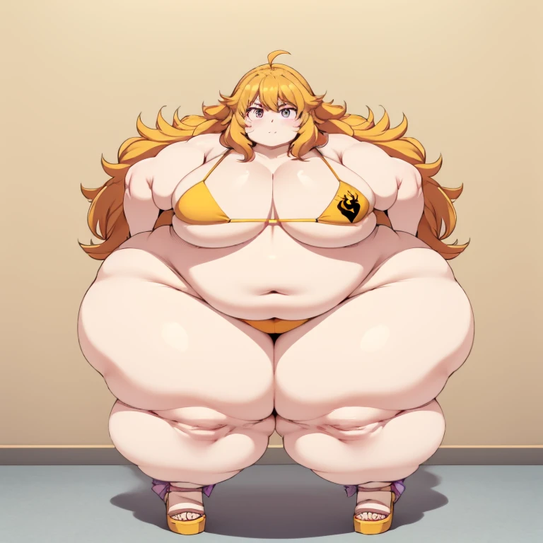 1girl, top heavy figure, (((incredibly big chest))), ((saggy chest)), plump, incredibly plump, ((big belly)), (((big tits))), wide, (((obese))), (((fat))), ((love handles)), double chin, out of shape, obese, fatty, shortstack, short woman, big bossom, ((milf)), small height, mature, standing, full body, bbw, ssbbw, yang xiao long, purple eyes, blonde hair, long hair, yellow bikini, high heels