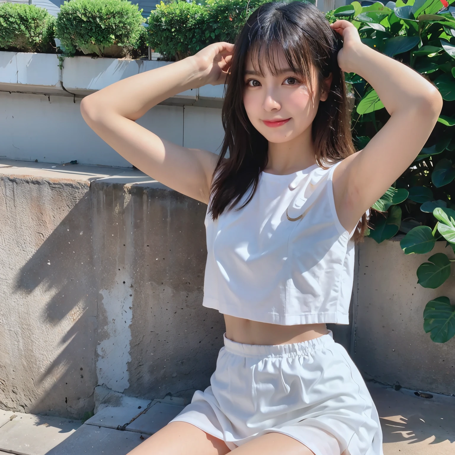 realistically, 1 girl, longhair, brown eyes, glowing eyes, Blush, daytime, sun light, Wet, Seethrough, white short skirt, Sit on your knees., crotch, nipples, sleeveless shirt, pussy, armpit, Naked, legs apart, sexy smile, strong wind,