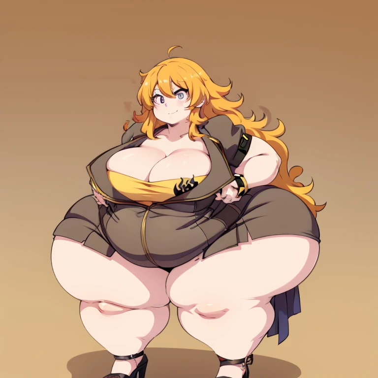 1girl, top heavy figure, (((incredibly big chest))), ((saggy chest)), plump, incredibly plump, ((big belly)), (((big tits))), wide, (((obese))), (((fat))), ((love handles)), double chin, out of shape, obese, fatty, shortstack, short woman, big bossom, ((milf)), small height, mature, standing, full body, bbw, ssbbw, yang xiao long, purple eyes, blonde hair, long hair, yellow bikini, high heels