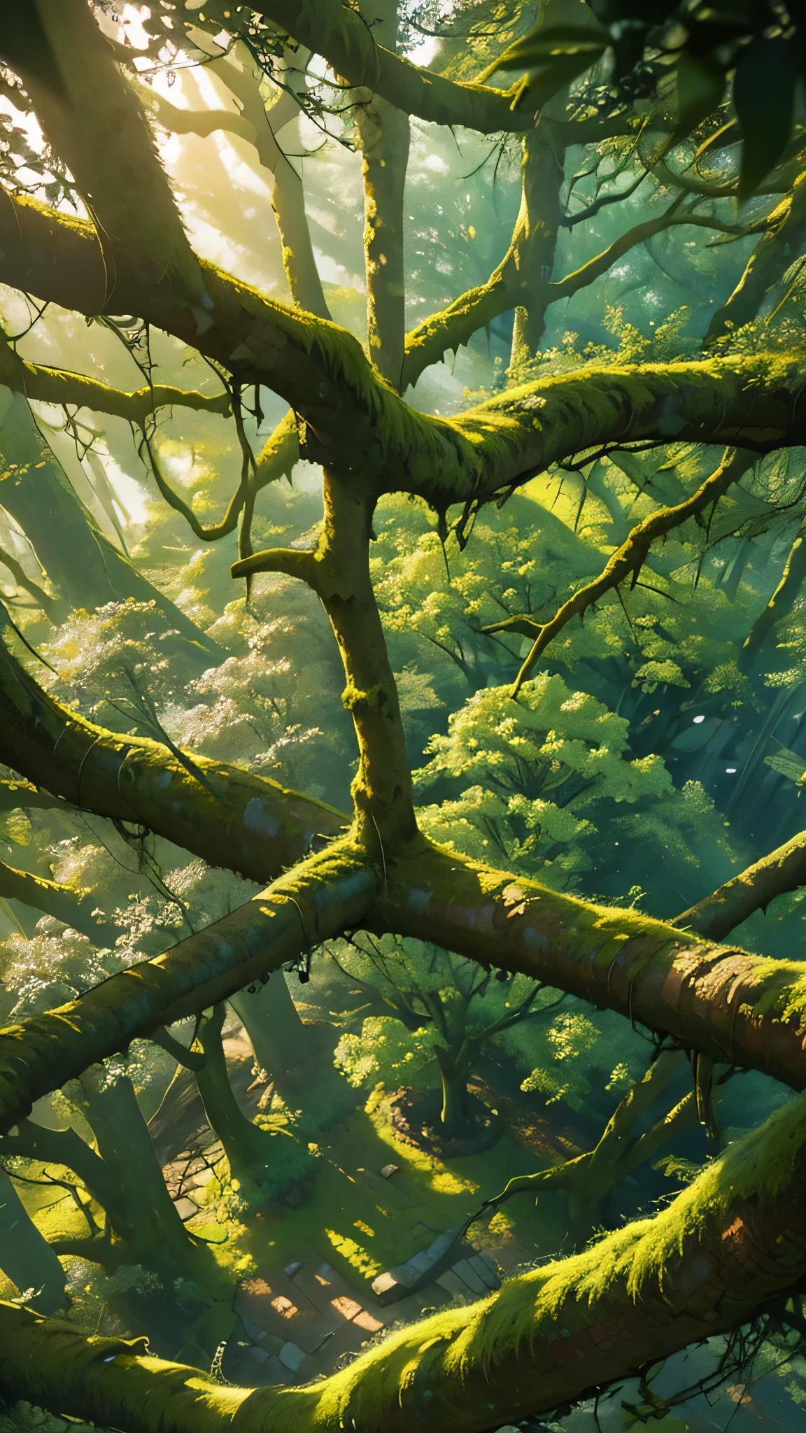 Aerial view of an ancient, enchanting forest with oversized trees, centuries-old, Canopy forest view front above, dreamlike fantasy setting, vivid colors, soft lighting, magical atmosphere, moss-covered branches, dense foliage, ethereal ambiance, mythical creatures hidden in shadows, from above, bird view