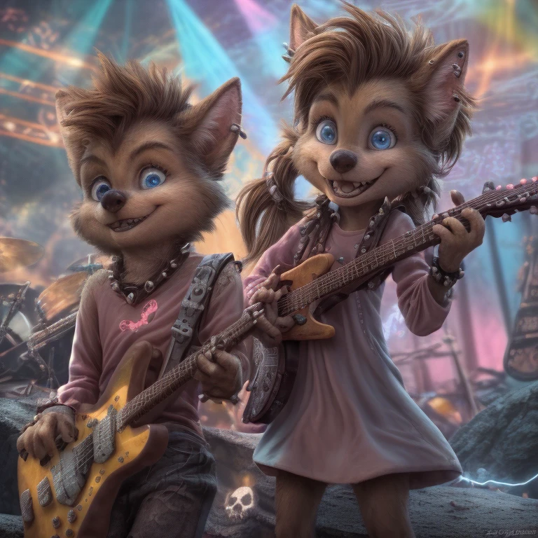 masterpiece, highest quality, Realistic, Textured fur, furry, Brown fur, Young Wolf Cub Girl, Winnie the Pooh playing electric guitar, Extra large electric guitar, bSpike color, Earrings, Earrings, Rock Show, laser, long shirt, Pink Shirt, skull (symbol), Beautiful Face, Big Blue Eyes, punk, Wicked Smile, Happy, Twin tails