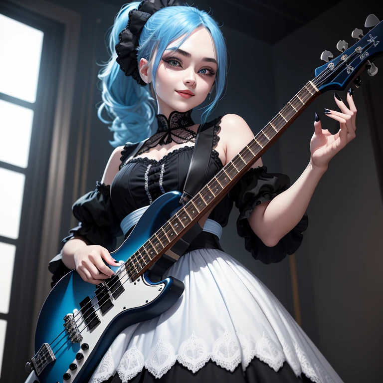 1 girl, Very pretty 25 year old woman, Big round eyes, Her beautiful blue hair is tied in a high ponytail., White skin, A long gothic dress with black lace that barely reveals anything, Realistic and detailed dark blue one-tone small electric bass guitar, Smiling and playing happily, Black manicure