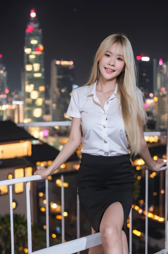 best quality, 8k, highly detailed face and skin texture, high resolution, big tits blond long hair cute asian girl in white shirt and black short skirt at balcony with night city view, sharp focus