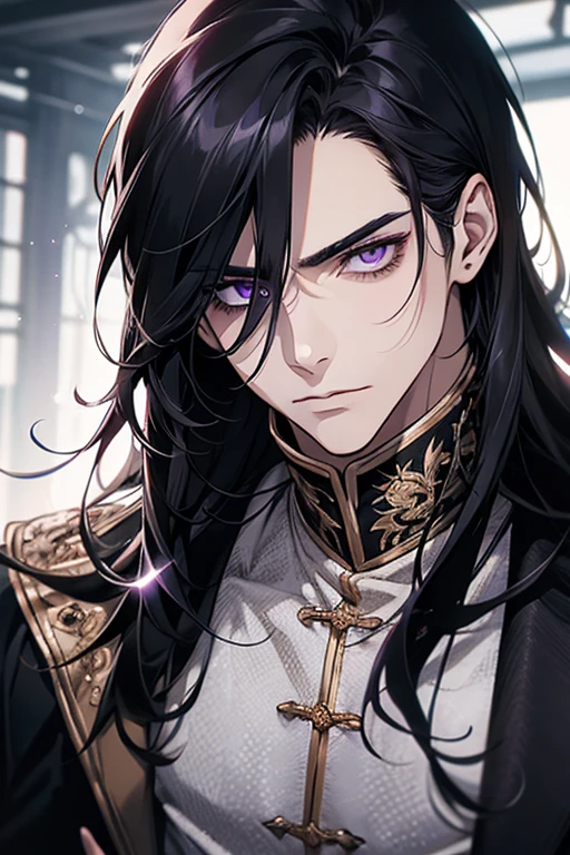 1 male, aldult, Handsome,cold expression,Long black hair,Upper body,purple eyes,clear eyes,close up,sharp eyes,noble