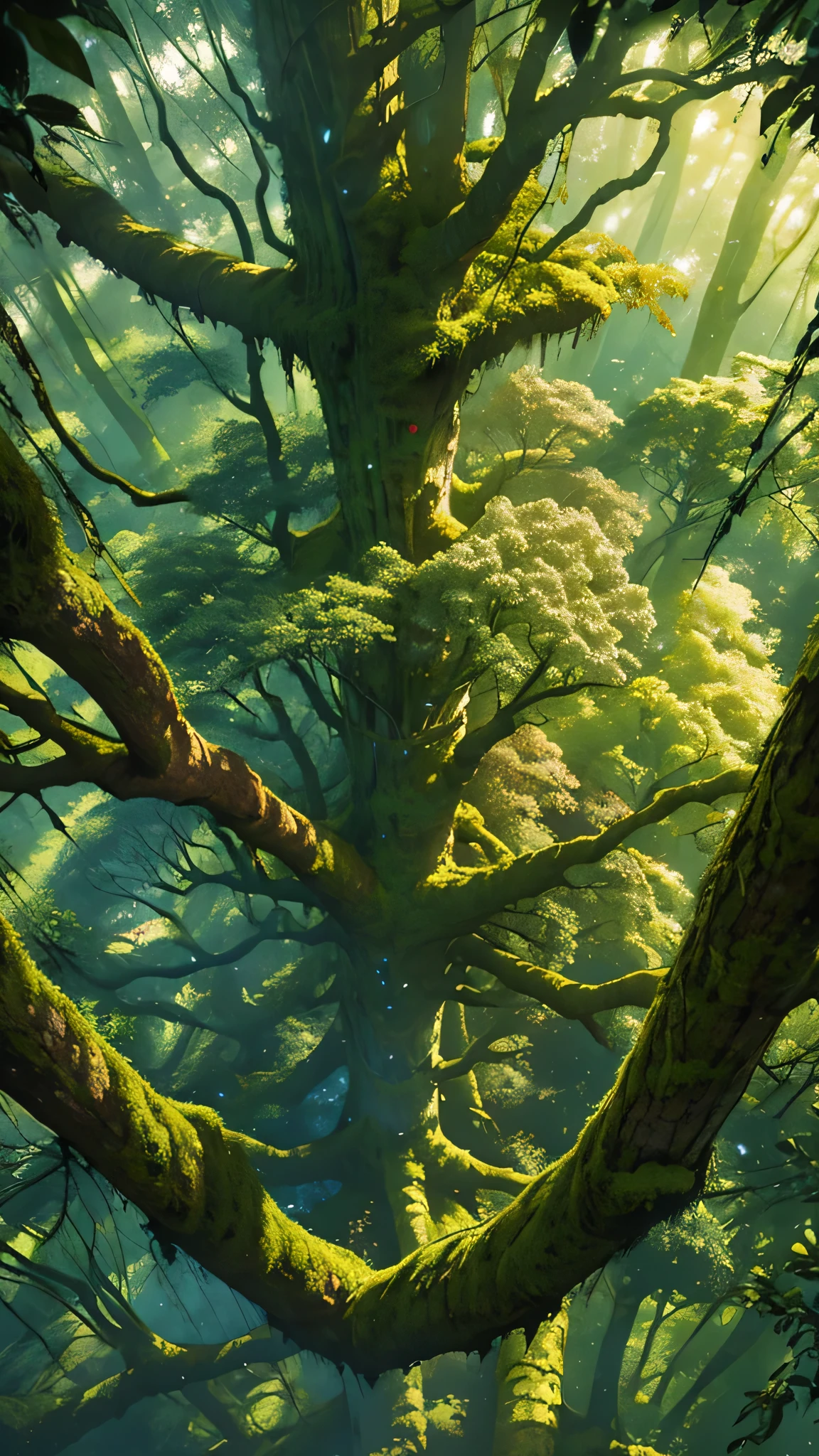 Aerial view of an ancient, enchanting forest with oversized trees, centuries-old, Canopy forest view front above, dreamlike fantasy setting, vivid colors, soft lighting, magical atmosphere, moss-covered branches, dense foliage, ethereal ambiance, mythical creatures hidden in shadows, from above, bird view
