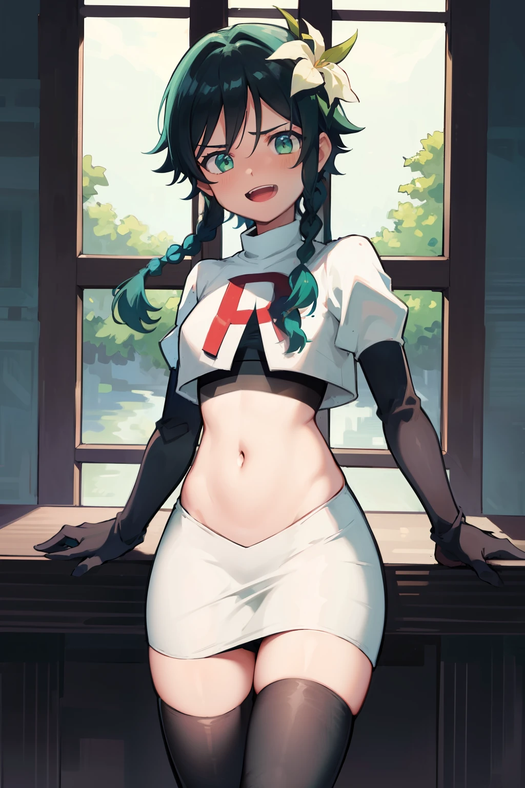 absurdres,venti,1boy, male focus, trap,black hair, green-blue hair, hair braid,hair flower,aqua green eyes,crossdressing,1boy,team rocket,team rocket uniform,white skirt,red letter R,crop top,black thigh-highs,black elbow gloves, laughing,happy, blush