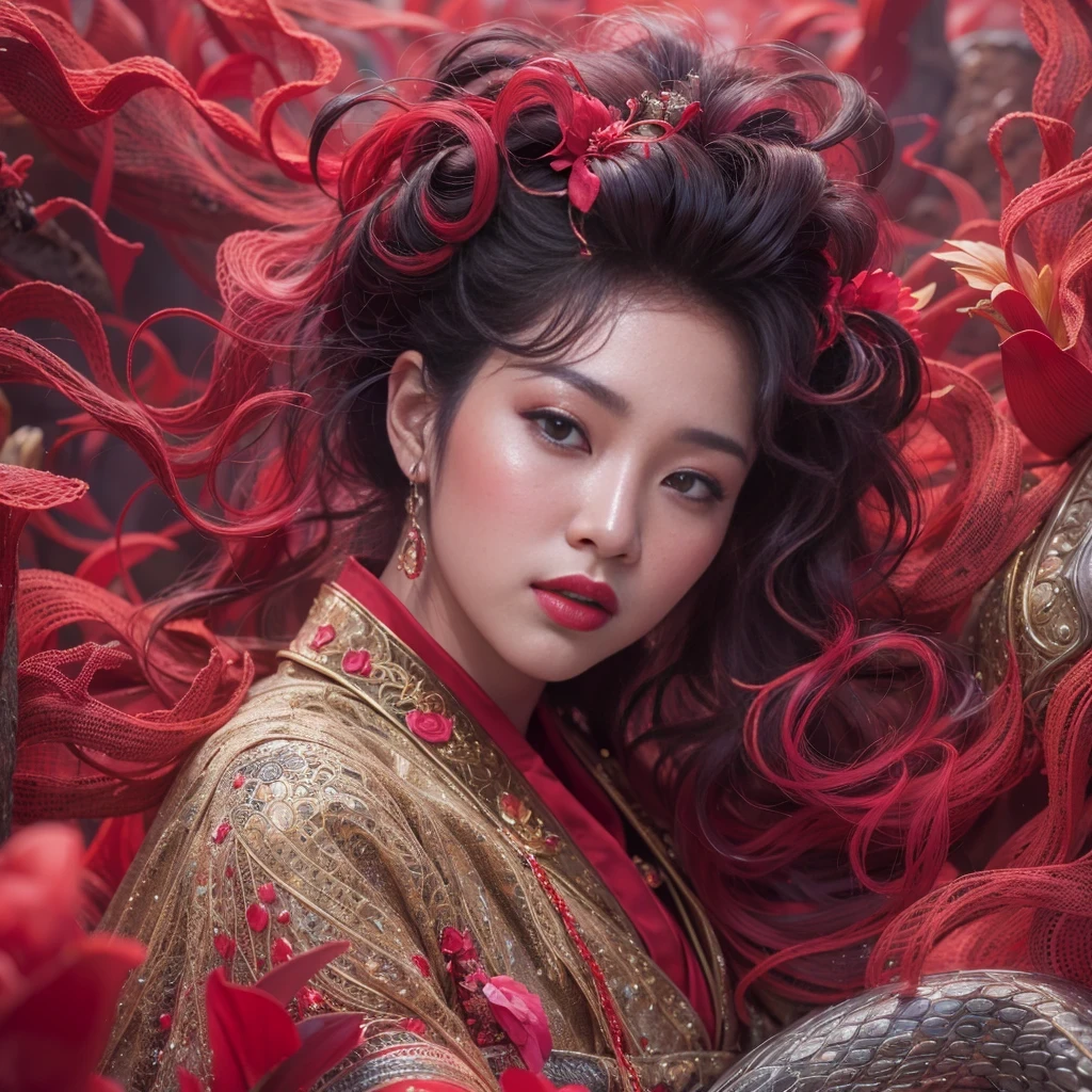 32K（tmasterpiece，k hd，hyper HD，32K）Large curls，Flowing rouge，ponds，zydink， a color， Asian people （Silly girl）， （Silk scarf）， Combat posture， looking at the ground， Large rolls of rouge， Flowing rouge curls， Crocodile leather tiara， Chinese long-sleeved clothing， （abstract ink splash：1.2）， Pink lotus background，Water lily flower protector（realisticlying：1.4），Rouge hair，Autumn is in full swing，The background is pure， A high resolution， the detail， RAW photogr， Sharp Re， Nikon D850 Film Stock Photo by Jefferies Lee 4 Kodak Portra 400 Camera F1.6 shots, Rich colors, ultra-realistic vivid textures, Dramatic lighting, Unreal Engine Art Station Trend, cinestir 800，Large curls，Flowing rouge
