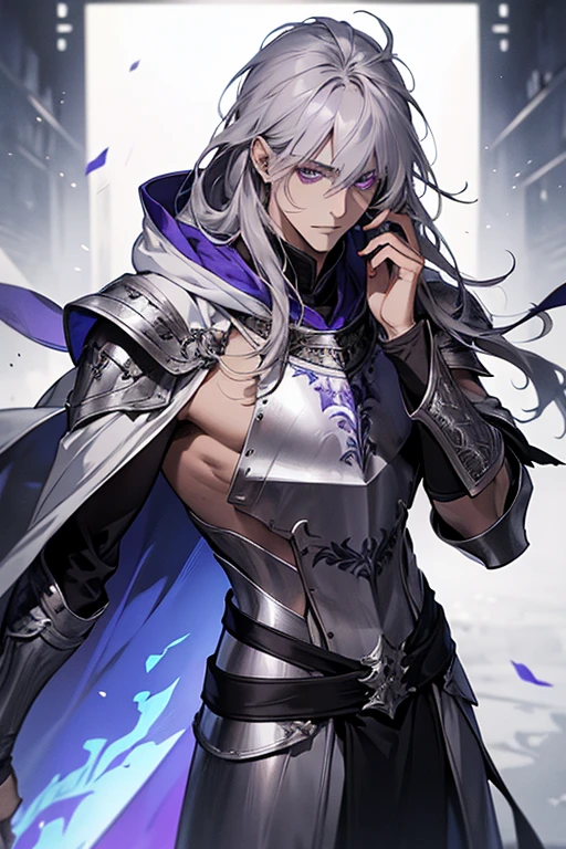 male, messy silver long length hair with bangs, purple eyes, adult face, adult, white hood and shroud, bare torso with pauldron armor, thin lean and handsome, fantasy, sorcerer, 
from the front