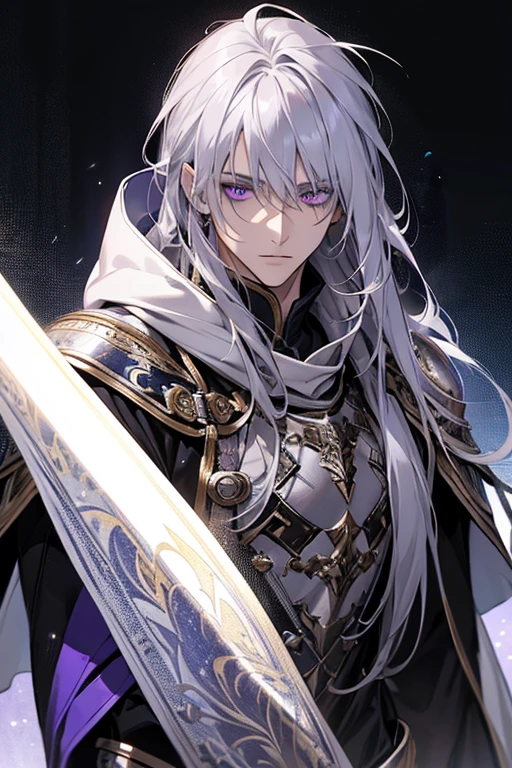 male, messy silver long length hair with bangs, purple eyes, adult face, adult, white hood and shroud, bare torso with pauldron armor, thin lean and handsome, fantasy, sorcerer,
from the front