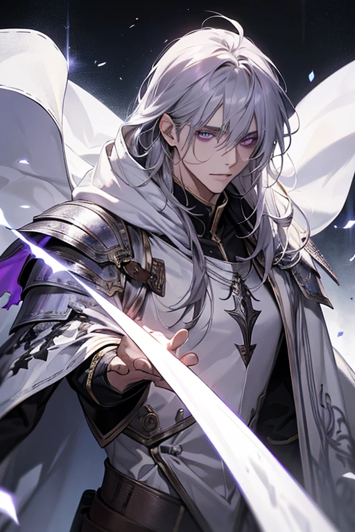male, messy silver long length hair with bangs, purple eyes, adult face, adult, white hood and shroud, bare torso with pauldron armor, thin lean and handsome, fantasy, sorcerer,
from the front
