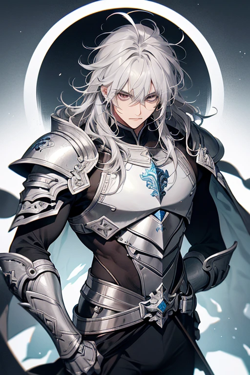 macho, long silver messy hair with bangs, olhos roxos, adulto face, adulto, capuz branco e mortalha, torso nu com armadura de pauldron, magro, magro e bonito, fantasia, feiticeiros,
Da frente