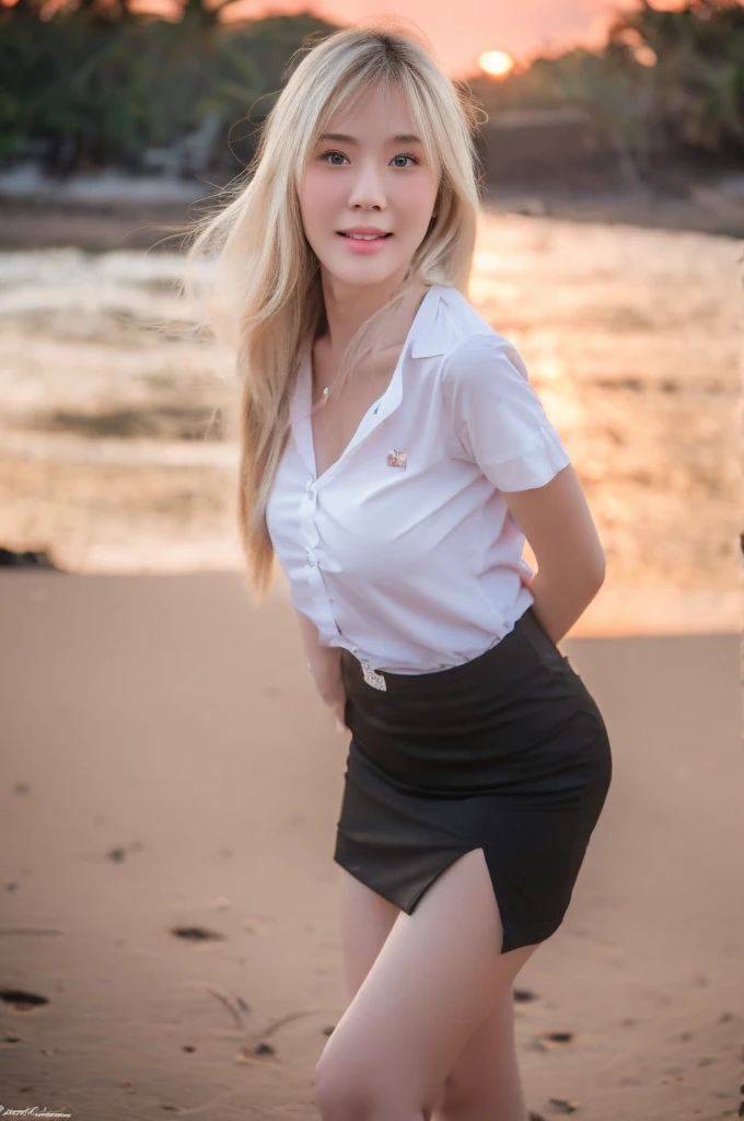 best quality, 8k, highly detailed face and skin texture, high resolution, big tits blond long hair cute asian girl in white shirt and black short skirt on a beach at sunset, sharp focus