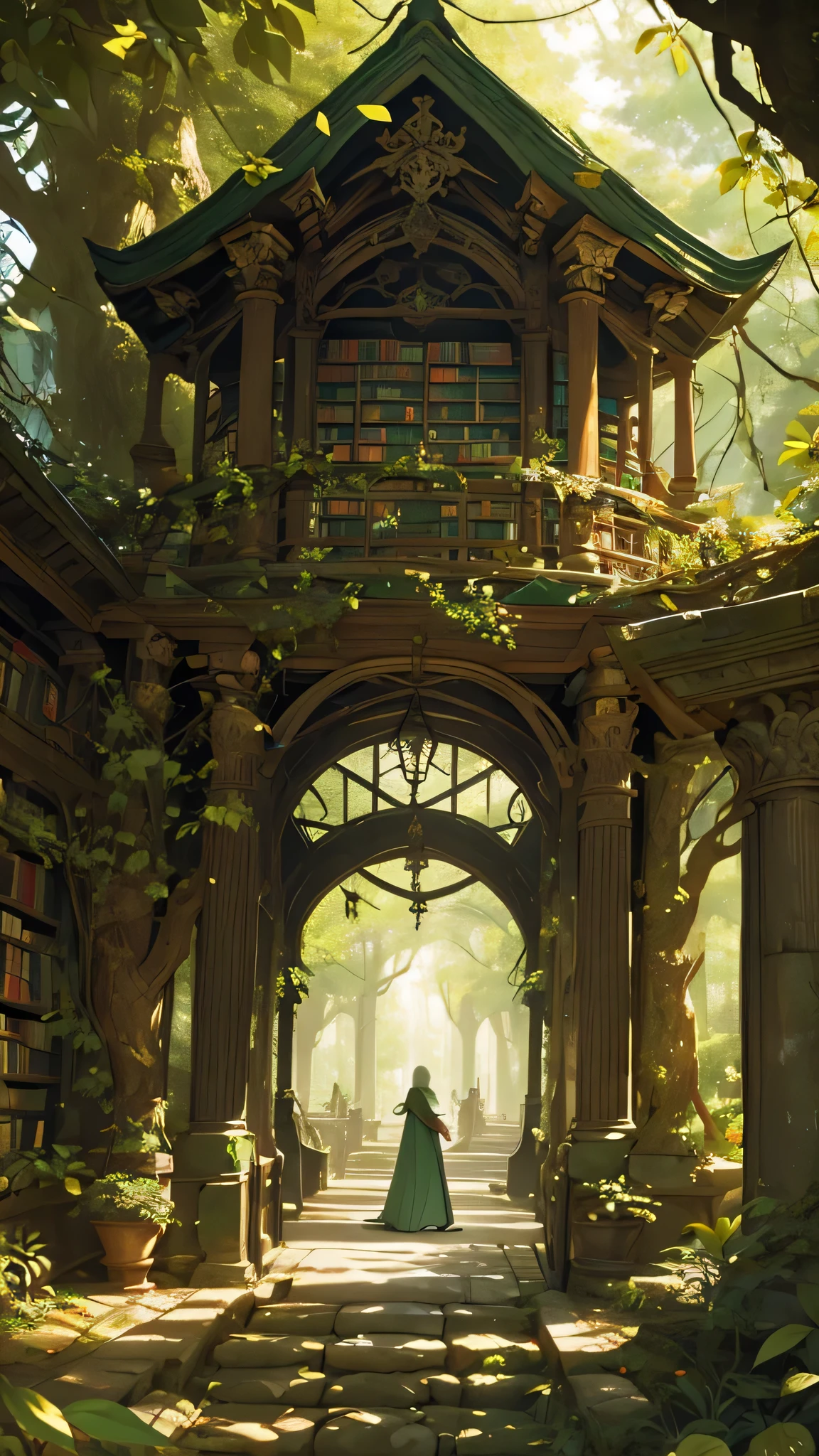 depict an ancient elven library in the middle of the forest, in a library full of ancient parchments and a room full of leafy leaves and shades of green, big and majestic, a palace library in the middle of the forest