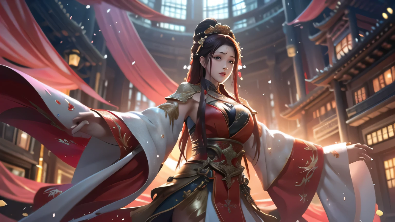 official art, Unity 8K wallpaper, Super detailed, fair, fair, masterpiece, best quality, mystery, , fear, literature, Art, Fashion, Tang Dynasty, decorate, Wheels within wheels, embroidery, Red Hanfu, Red Tulle Jacket, 1 girl, Large Breasts, Black Hair, Red headband, Redhead, sad, fatalism, Bust Composition, drama production, Movie Lighting, Dynamic perspective, Sexy, Bare thighs, Bare shoulders, full, red maple forest, Maple leaves falling, Red maple background, Gloomy, drama production,(Tears:1.5), bidding farewell,(leaving:1.2)