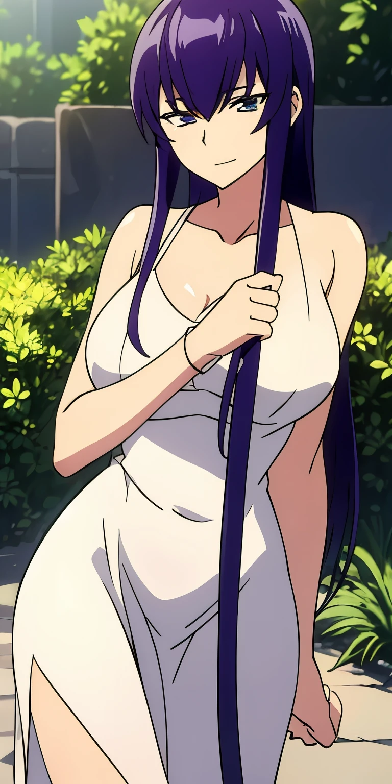 Saeko Busujima in a vestido de novia standing in a garden, Lleno de detalless, tul y encaje, Velos y joyas, wearing a vestido de novia, vestido de novia, muchos detalles, vestido romantico, con intrincados detalless, with muchos detalles, velo de encaje, Lleno de detalles, detalle perfecto, Velo blanco simple, hermosa tela fluida, con intrincados detalles