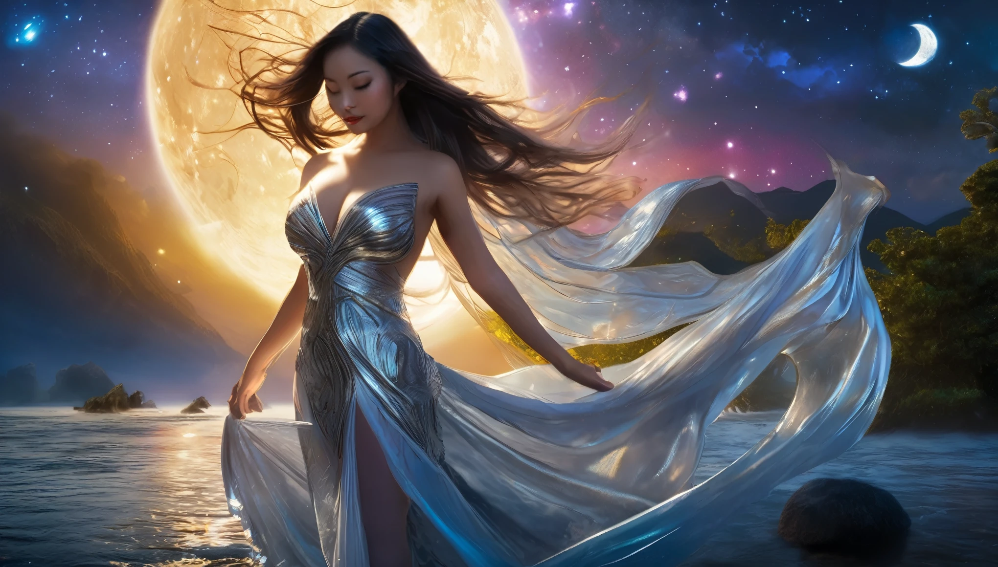(best quality,4k,8k,highres,masterpiece:1.2),ultra-detailed,(realistic,photorealistic,photo-realistic:1.37), (A cosmic goddess dances among the stars, (Vietnamese woman, age 40, busty, light build, ample bottom, waist length hair, dressed appropriate to the scene), She is cleaning up in a stream of silvery moonlight, she knows she is being watched and tempts the viewer, she is flirtatious and brave, confident and exposed, beauty uncovered, secrets of love revealed, no inhibitions, no restraint