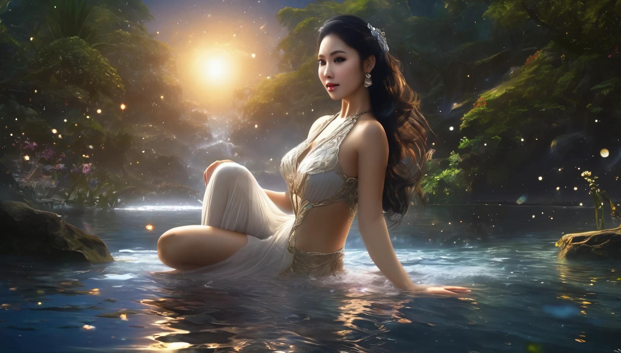 (best quality,4k,8k,highres,masterpiece:1.2),ultra-detailed,(realistic,photorealistic,photo-realistic:1.37), (A cosmic goddess dances among the stars, (Vietnamese woman, age 40, busty, light build, ample bottom, waist length hair, dressed appropriate to the scene), She is cleaning up in a stream of silvery moonlight, she knows she is being watched and tempts the viewer, she is flirtatious and brave, confident and exposed, beauty uncovered, secrets of love revealed, no inhibitions, no restraint