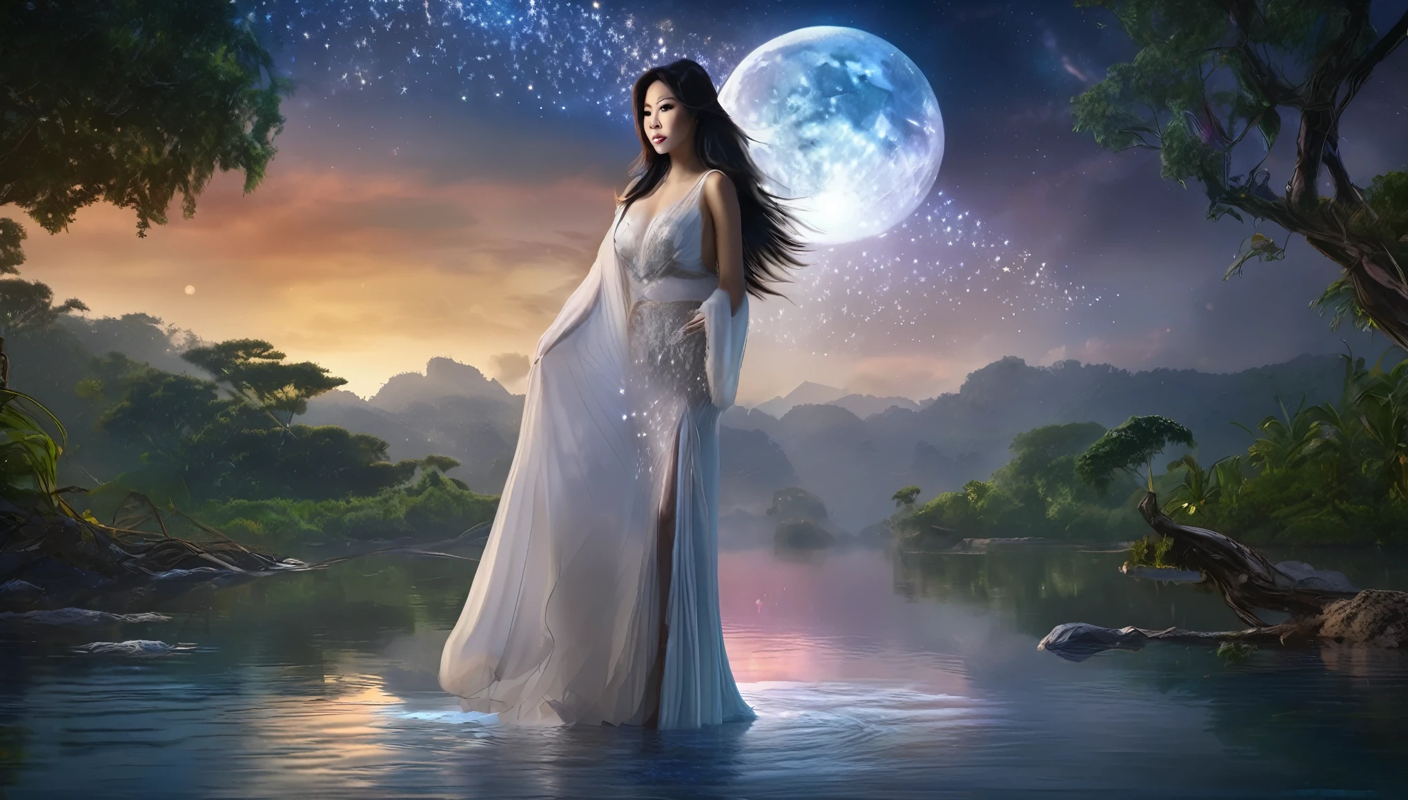 (best quality,4k,8k,highres,masterpiece:1.2),ultra-detailed,(realistic,photorealistic,photo-realistic:1.37), (A cosmic goddess dances among the stars, (Vietnamese woman, age 40, busty, light build, ample bottom, waist length hair, dressed appropriate to the scene), She is cleaning up in a stream of silvery moonlight, she knows she is being watched and tempts the viewer, she is flirtatious and brave, confident and exposed, beauty uncovered, secrets of love revealed, no inhibitions, no restraint