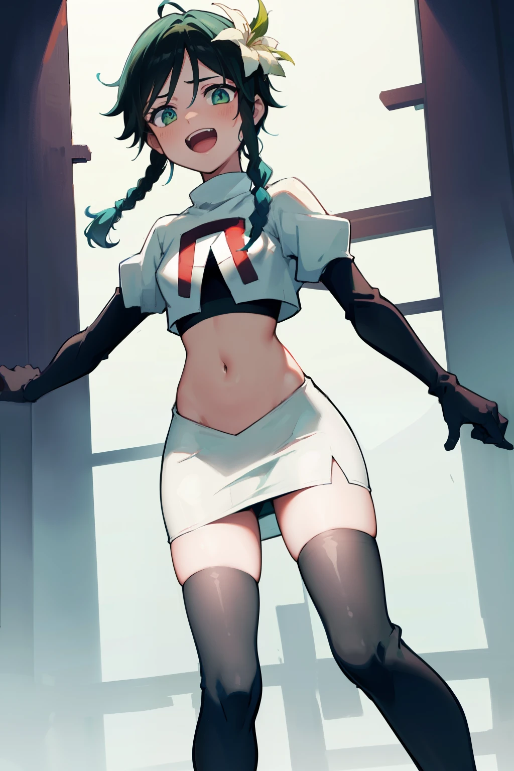 absurdres,venti,1boy, male focus, trap,black hair, green-blue hair, hair braid,hair flower,aqua green eyes,crossdressing,1boy,team rocket,team rocket uniform,white skirt,red letter R,crop top,black thigh-highs,black elbow gloves, laughing,happy, blush