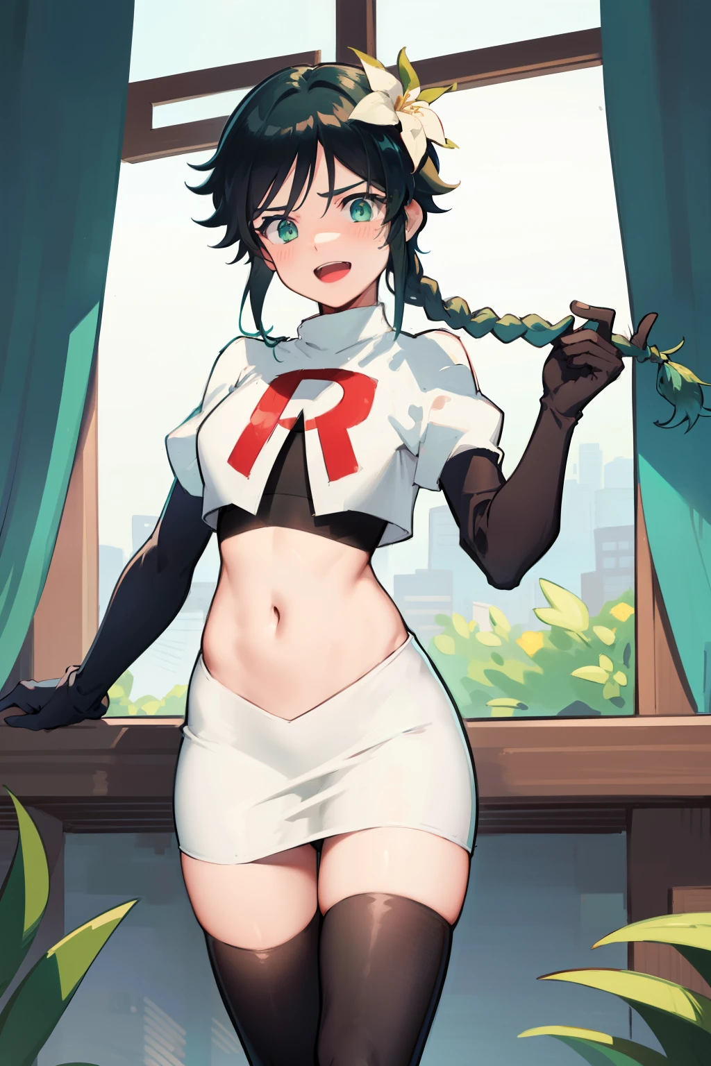 absurdres,venti,1boy, male focus, trap,black hair, green-blue hair, hair braid,hair flower,aqua green eyes,crossdressing,1boy,team rocket,team rocket uniform,white skirt,red letter R,crop top,black thigh-highs,black elbow gloves, laughing,happy, blush