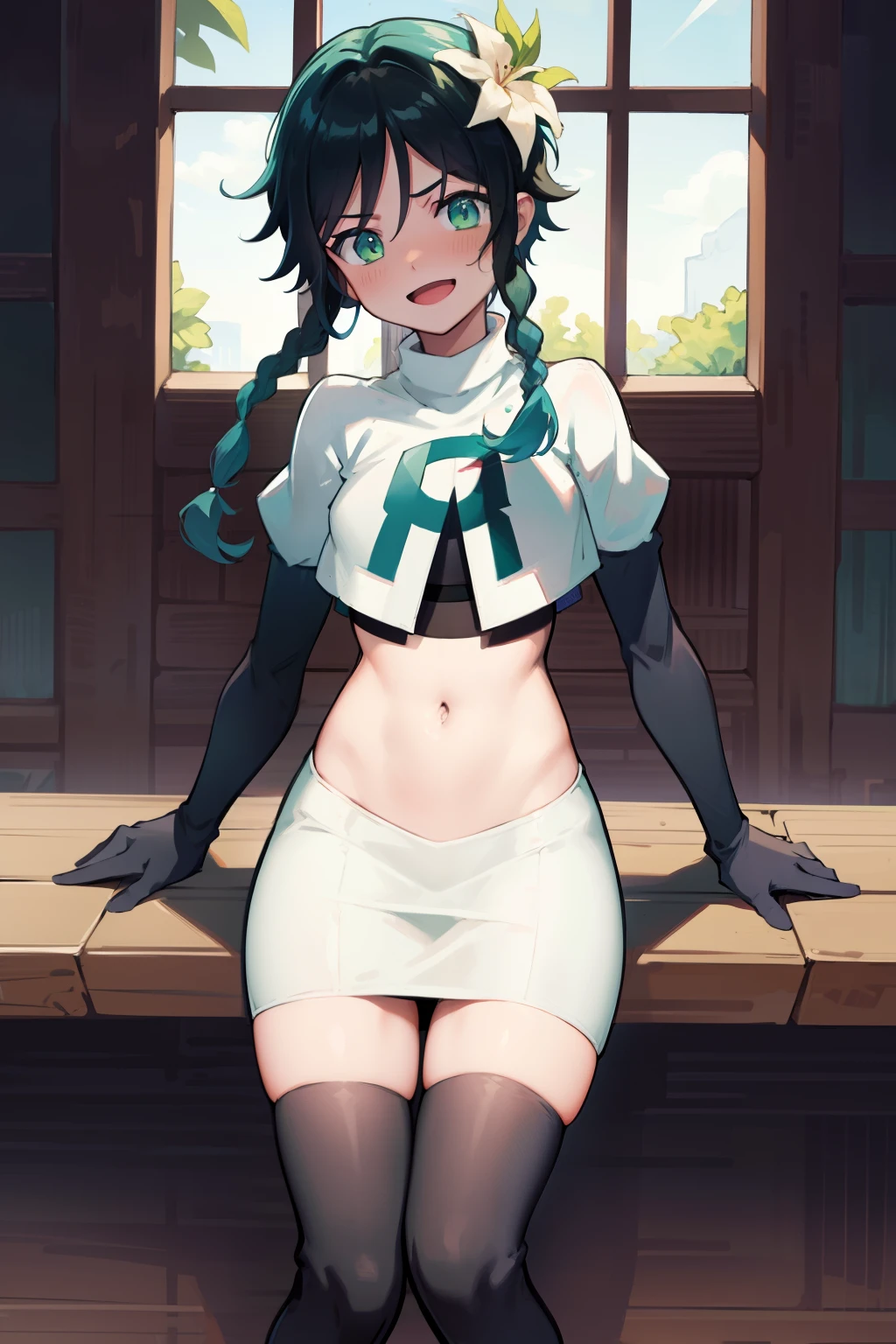 absurdres,venti,1boy, male focus, trap,black hair, green-blue hair, hair braid,hair flower,aqua green eyes,crossdressing,1boy,team rocket,team rocket uniform,white skirt,red letter R,crop top,black thigh-highs,black elbow gloves, laughing,happy, blush