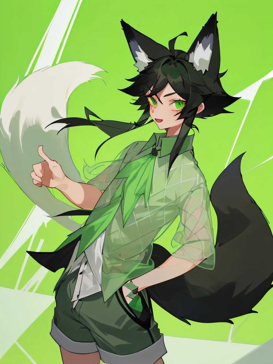 Girl,Fox Ears,Men&#39;s,shirt,Best,Short pants,Green Eyes,black hair,mint green mesh,masterpiece,tooth,Fox Tail,juvenile