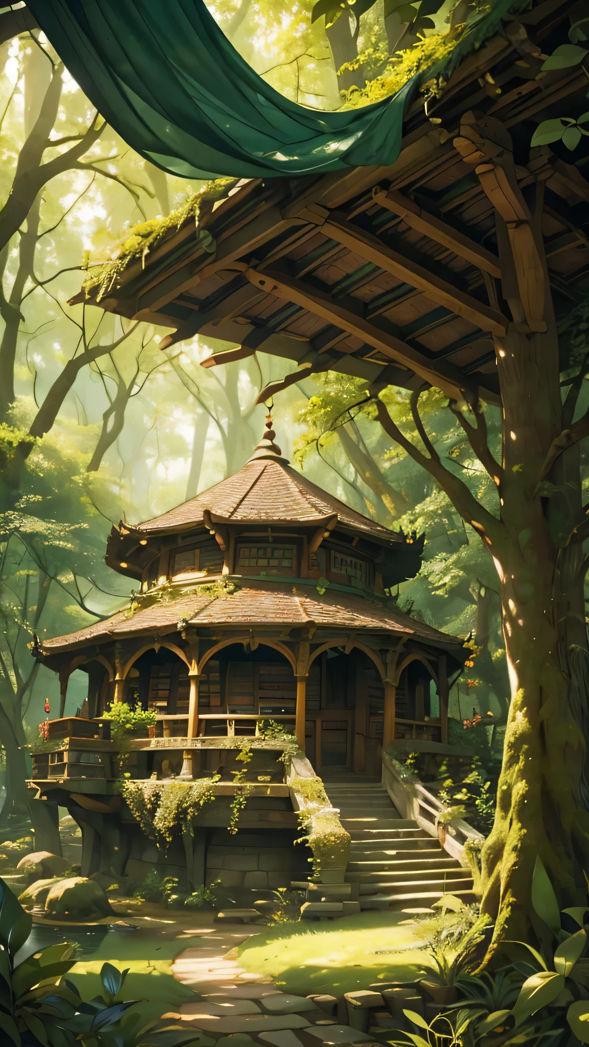 depict an ancient elven library in the middle of the forest, in a library full of ancient parchments and a room full of leafy leaves and shades of green, big and majestic, a palace library in the middle of the forest