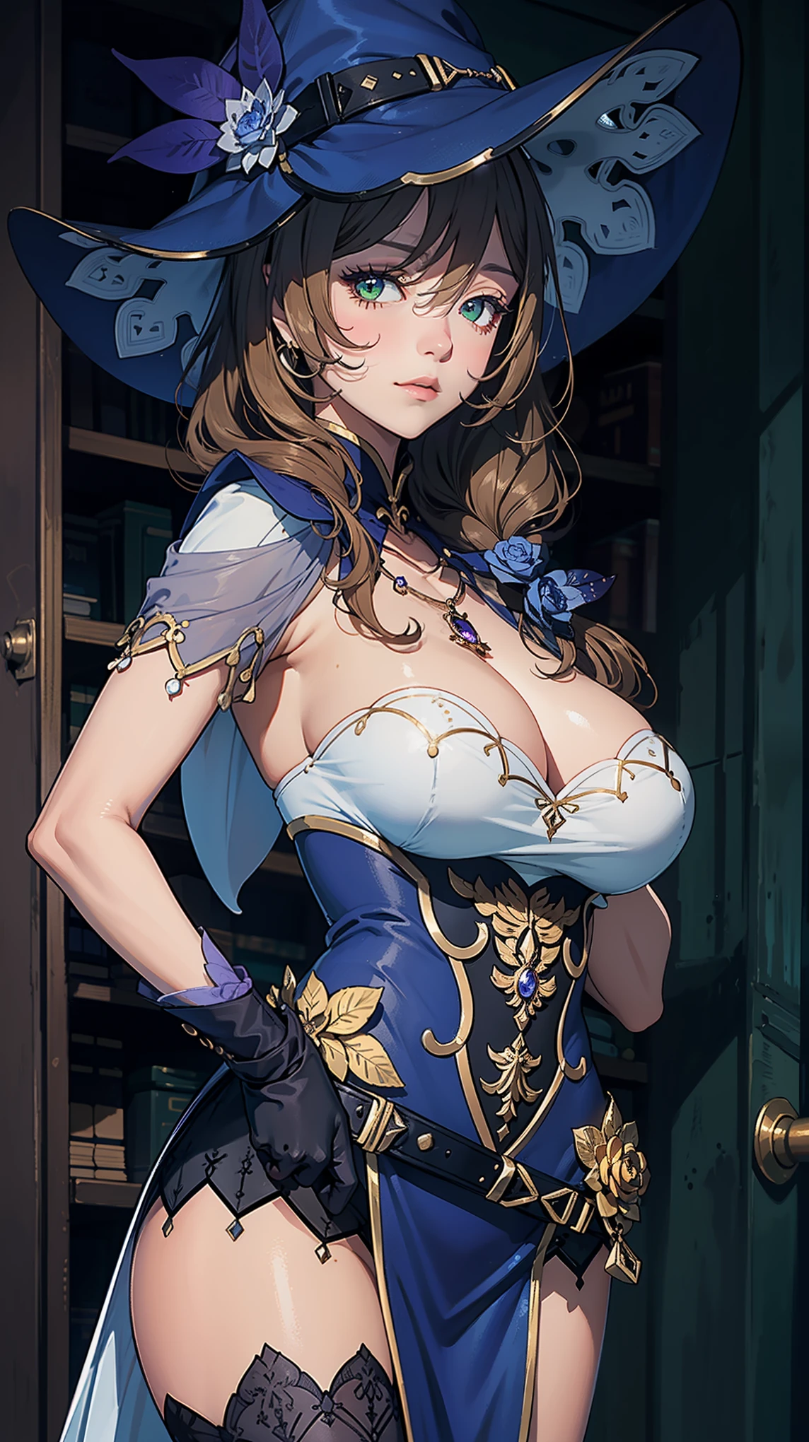 Masterpiece, high quality, blurry background, hd, 4k,dark dungeon,lisadef, (huge breasts),standing, blush, looking at viewer, upper body, (dynamic poses, dynamic angle