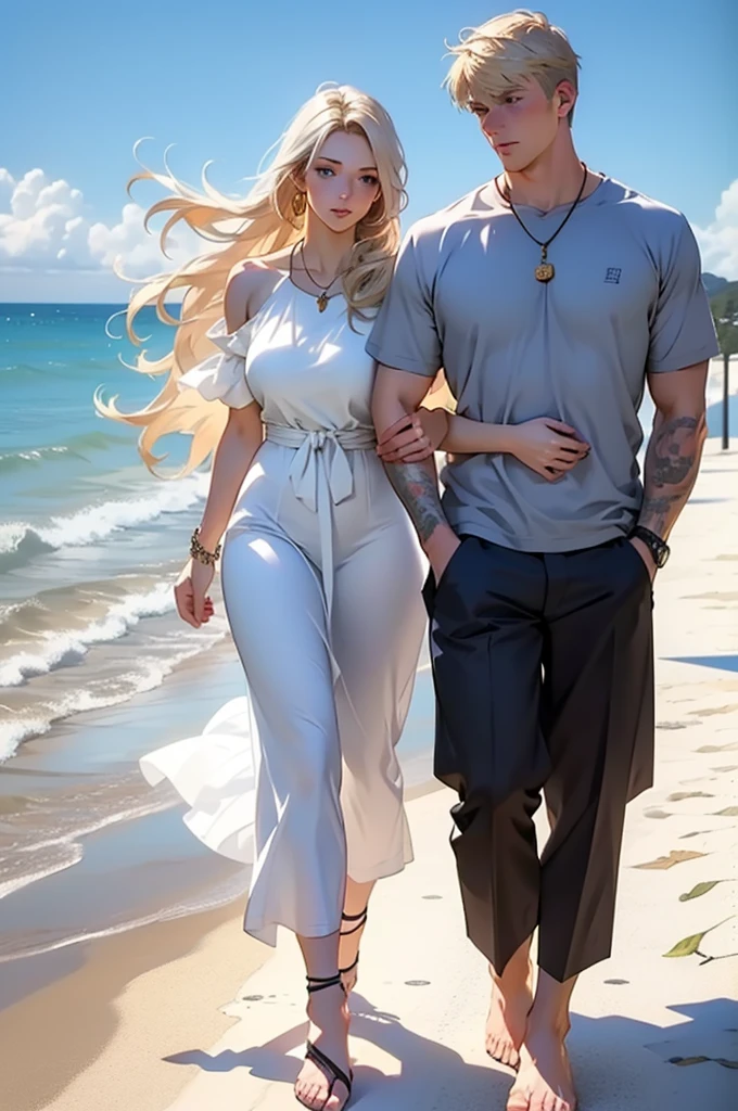 A tall, handsome, stately, masculine, athletic, majestic young man-platinum blond, he has very long straight white hair, long bangs, gray-blue eyes, athletic build, he is dressed in a light linen trousers and a light linen shirt. He walks barefoot along the ocean beach at dawn, holding the hand of an incredibly beautiful blonde girl with long golden hair, blue eyes, she is dressed in a light white silk dress, she walks barefoot, holding sandals in her hand. They are in love with each other. Masterpiece, perfect drawing, realistic drawing, full-length drawing, detailed study, 8k. full-length image, realistic image, dynamic image, detailed image. an extremely detailed illustration, a real masterpiece of the highest quality, with careful drawing. anime style.