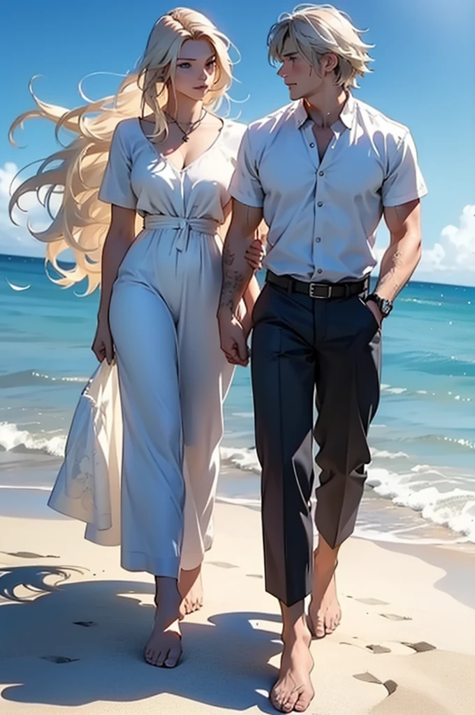 A tall, handsome, stately, masculine, athletic, majestic young man-platinum blond, he has very long straight white hair, long bangs, gray-blue eyes, athletic build, he is dressed in a light linen trousers and a light linen shirt. He walks barefoot along the ocean beach at dawn, holding the hand of an incredibly beautiful blonde girl with long golden hair, blue eyes, she is dressed in a light white silk dress, she walks barefoot, holding sandals in her hand. They are in love with each other. Masterpiece, perfect drawing, realistic drawing, full-length drawing, detailed study, 8k. full-length image, realistic image, dynamic image, detailed image. an extremely detailed illustration, a real masterpiece of the highest quality, with careful drawing. anime style.