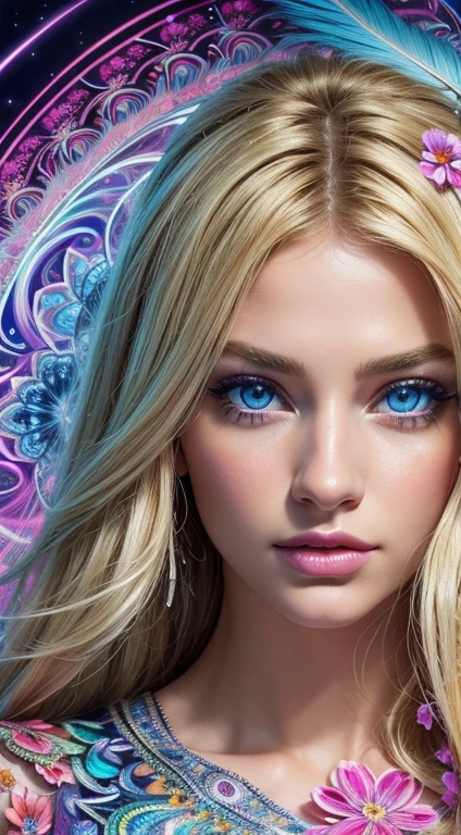 Masterpiece, Top Quality, Best Quality, Official Art, Beautiful and aesthetic:1.2), (1Girl:1.3), Extremely detailed,(fractal art:1.1)neons,(colourfull:1.1)neons(Flowers:1.3)neons,highest details,(zentangle:1.2)neons, (Dynamic Pose), (abstract background:1.3) neons, (sparkly skin), (many colors:1.4)neons, (feathered:1.5), neon lit, blonde hairs, Blonde hair, Blue Eyes, beautidful eyes, extremely detailed eyes and face, Beautiful detailed eyes, Ultra-detailed, light on the face, Fair skin