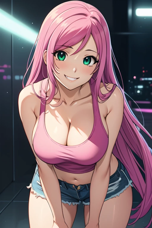 1 girl, 19 years old, Long pink hair, green eyes with slit pupils, master-piece, best quality, (standing up), (pink tank top), (pink sleeveless tank top, shorts, cleavage), (Big , ultra gigantic , Super super big, Glamorous body), Make eye contact with the camera, front figure, looking forward, (light_Smile:1.5), (Detailed hands and fingers:1.2) (Cyberpunk City), (FULL BODYSHOT), thighs thighs thighs thighs、beauty legs、Bare legs