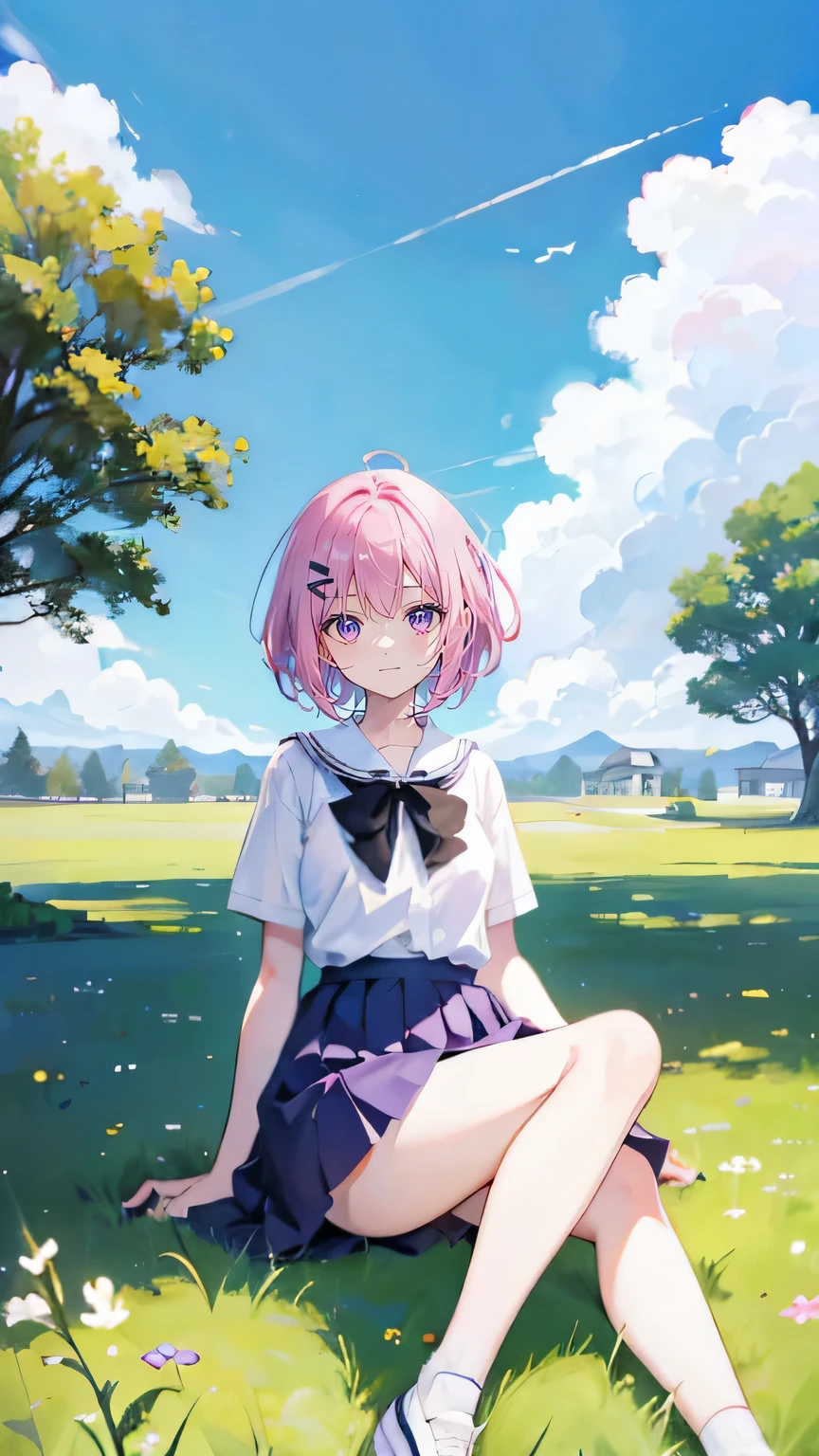 Pink hair,Purple Eyes,short hair,sister head,Two black hairpins,Girl,cute,laughing expression,Happy expression,White shirt,skirt,White socks on feet,Sit on the ground and have a picnic,whole body,Don't show your arms,The background is a lawn,Blue sky and white clouds