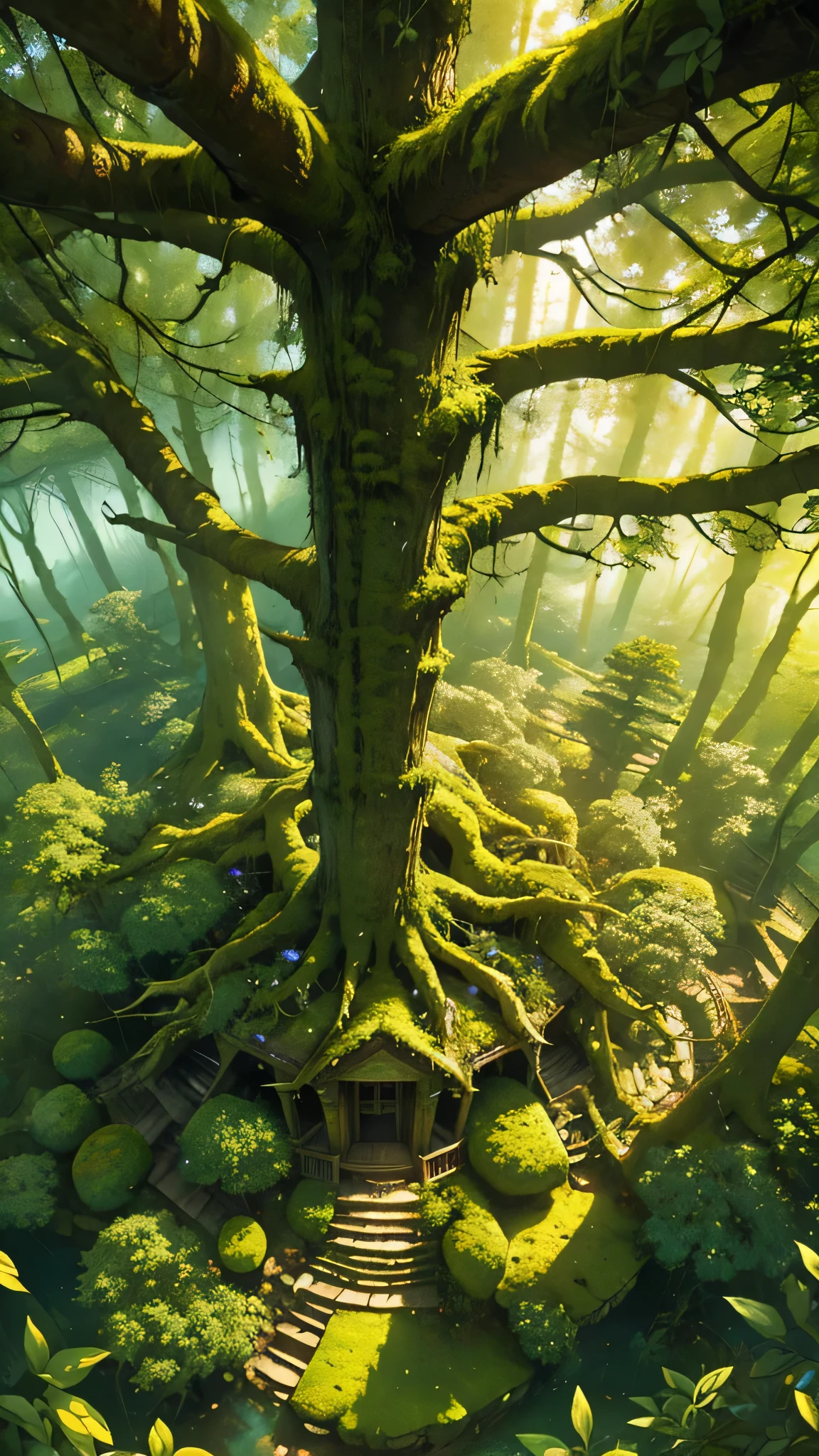 Aerial view of an ancient, enchanting forest with oversized trees, centuries-old, dreamlike fantasy setting, vivid colors, soft lighting, magical atmosphere, moss-covered branches, dense foliage, ethereal ambiance,