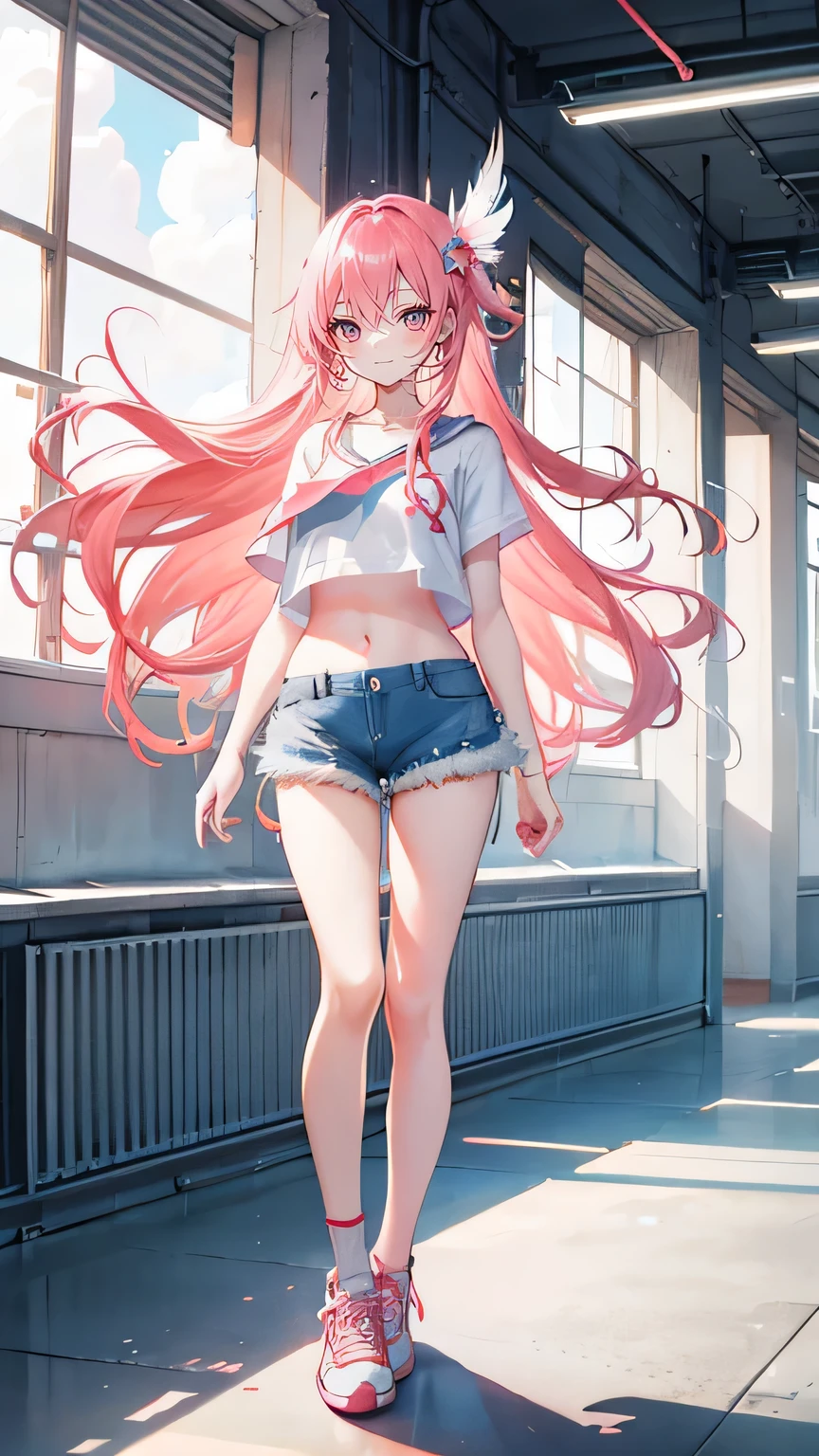 Coral pink hair,Long hair,hair over one eye,Gray eyes,feather hair ornament,cute,Girl,Laughing happy expression,Short sleeves with exposed shoulders,Denim shorts,Navel,Exposing the triangle area of the crotch,Wearing sneakers,Standing on the ground,Don't show your arms,Inside the classroom with a blue background,many clouds