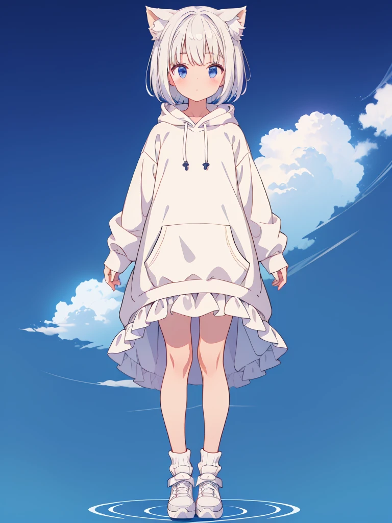 1girl、A simple long hoodie、Rib knit cuffs and hem、vtuber-fullbody、Milky white short hair、