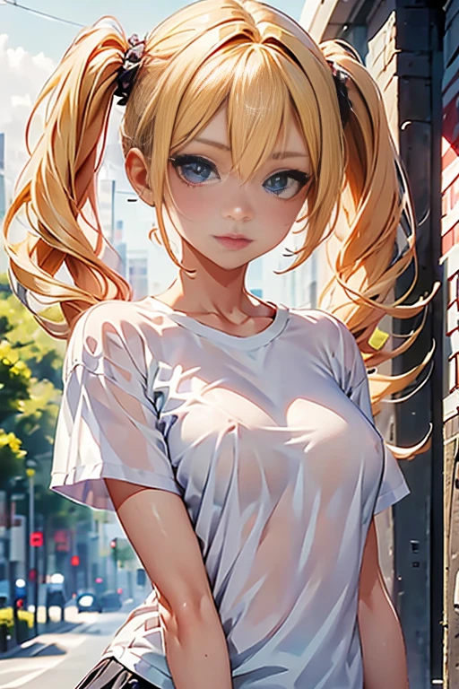 Optimal,masterpiece,High resolution,highest quality,Hyper HD,Super Detail,Awards,16K,solo,(Upper body),Anatomically correct,Beautiful Cyberpunk Girl,Cowboy Shot、Cute face,,Blonde、Long Hair、Twin tails、Braid, Hairline,((Scarlet Eyes)),Long eyelashes,The corners of the eyes are drooping,White skin,Shooting from below, ((White T-shirt:1.5)), ((See-through nipples))、rocket , (The body is slim),