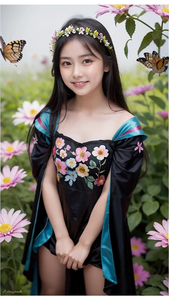 Beautiful girl in a fairy costume, surrounded by flowers and butterflies. content: Watercolor. style: Whimsical and delicate, Like an illustration in a children's book.