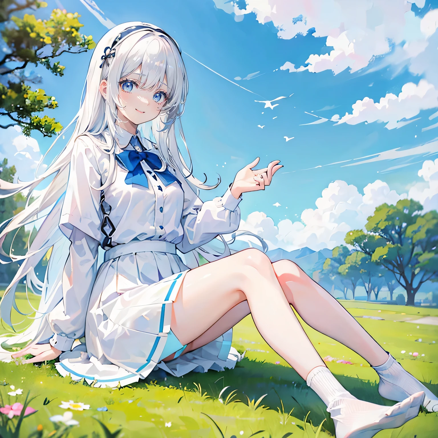 White hair，Long hair，Bangs，Bangs neatly，Hairband，Gray eyes，girl，cute，laughing expression，Happy and happy expression，White shirt，skirt，White socks on feet，Sit on the ground and have a picnic，whole body，Don't show your arms，The background is a lawn，Blue sky and white clouds