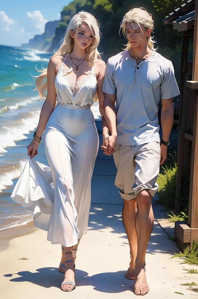 A tall, handsome, stately, masculine, athletic, majestic young man-platinum blond, he has very long straight white hair, long bangs, gray-blue eyes, athletic build, he is dressed in a light linen trousers and a light linen shirt. He walks barefoot along the ocean beach at dawn, holding the hand of an incredibly beautiful blonde girl with long golden hair, blue eyes, she is dressed in a light white silk dress, she walks barefoot, holding sandals in her hand. They are in love with each other. Masterpiece, perfect drawing, realistic drawing, full-length drawing, detailed study, 8k. full-length image, realistic image, dynamic image, detailed image. an extremely detailed illustration, a real masterpiece of the highest quality, with careful drawing. anime style.