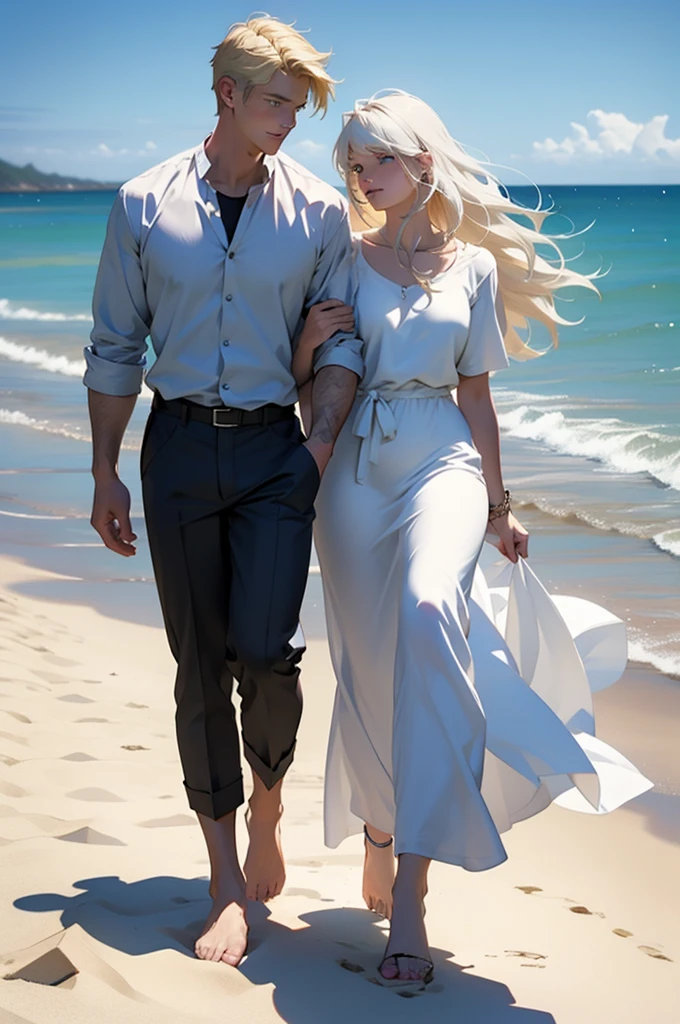 A tall, handsome, stately, masculine, athletic, majestic young man-platinum blond, he has very long straight white hair, long bangs, gray-blue eyes, athletic build, he is dressed in a light linen trousers and a light linen shirt. He walks barefoot along the ocean beach at dawn, holding the hand of an incredibly beautiful blonde girl with long golden hair, blue eyes, she is dressed in a light white silk dress, she walks barefoot, holding sandals in her hand. They are in love with each other. Masterpiece, perfect drawing, realistic drawing, full-length drawing, detailed study, 8k. full-length image, realistic image, dynamic image, detailed image. an extremely detailed illustration, a real masterpiece of the highest quality, with careful drawing. anime style.