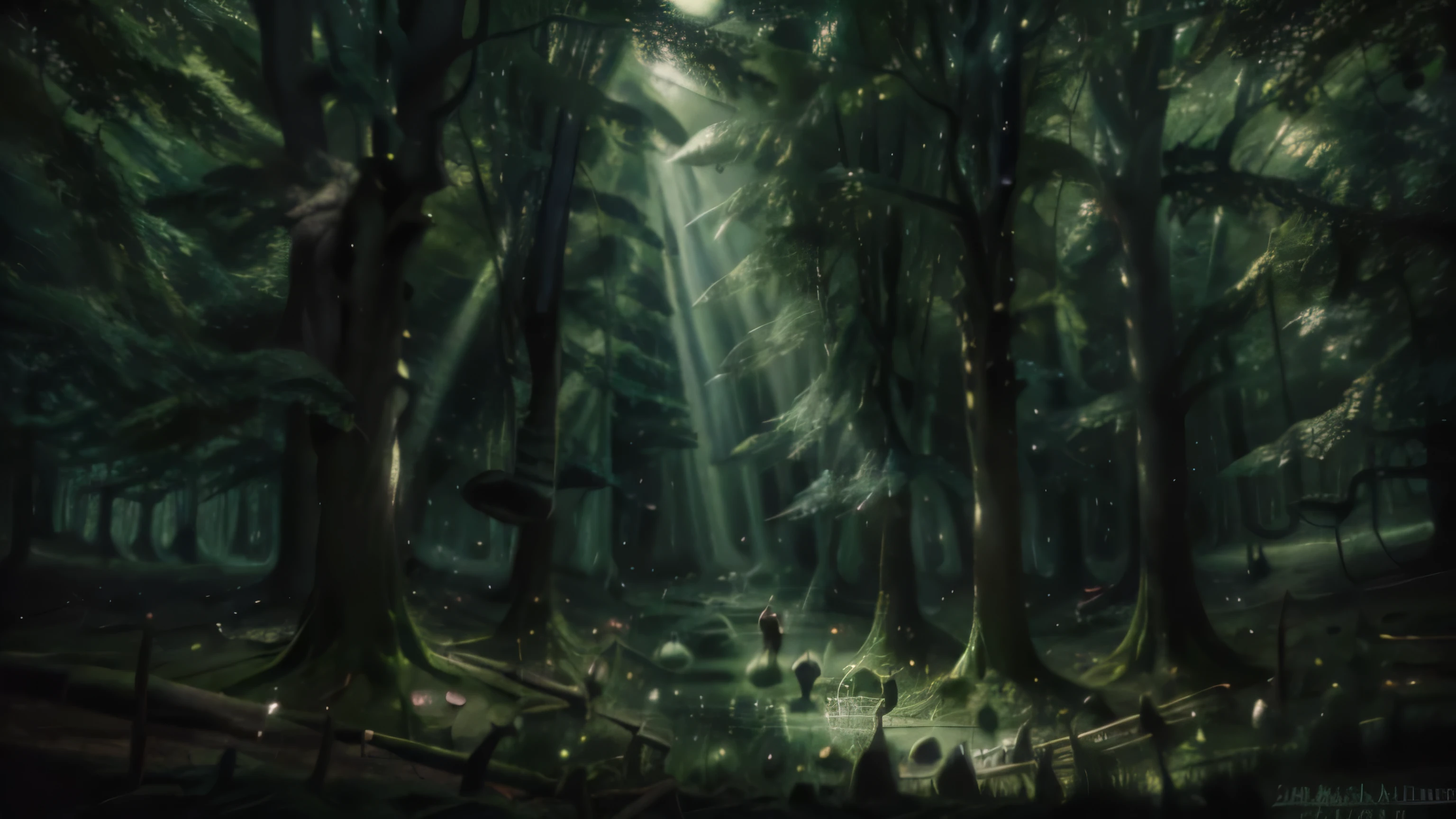  a mystical, scary, dark forest. spores floating in the air, ground fog and mist, 